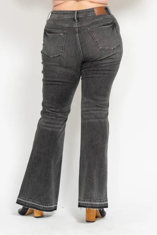 Full Size Mid Rise Tummy Control Washed Gray Release Hem Flare Jeans Plus Size