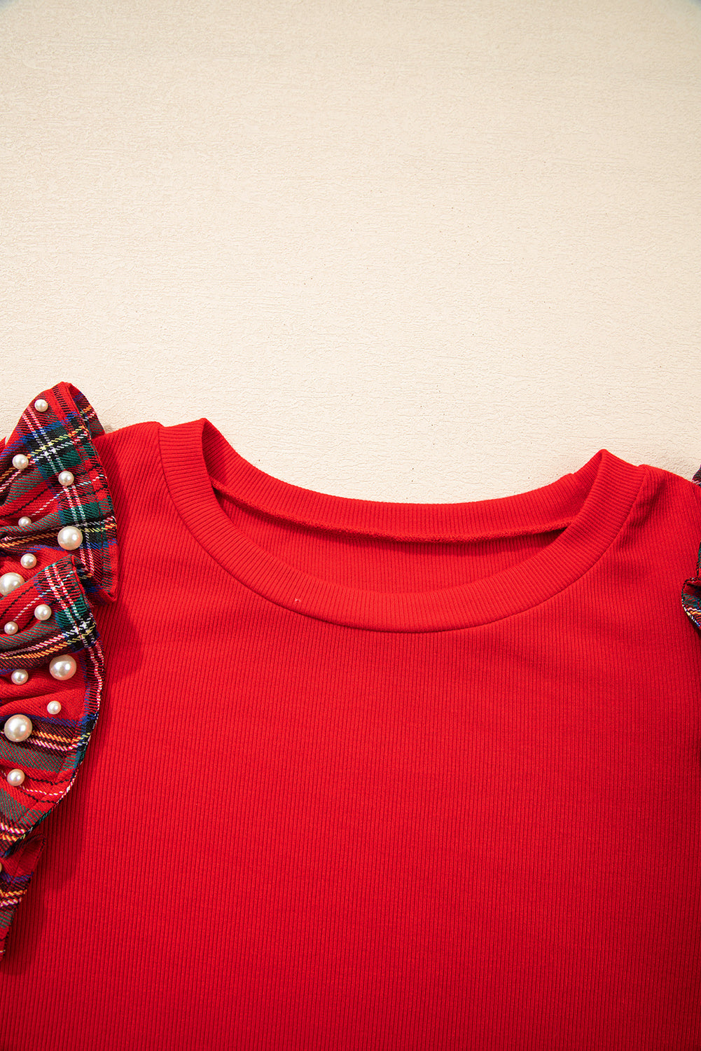 Racing Red Plaid Pearl Ruffle Short Sleeve Loose T Shirt
