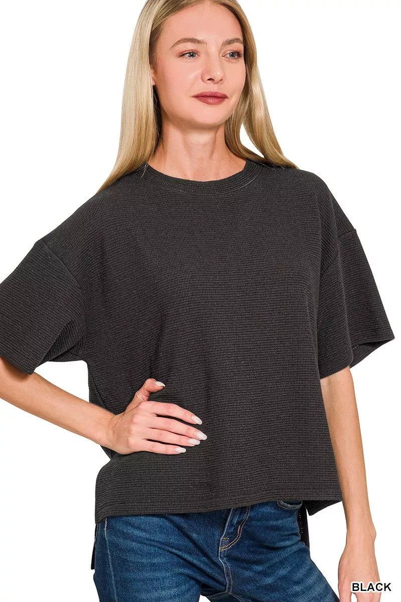 Full Size Double Knit Side Slits Hi Low Short Sleeve Top Plus Size