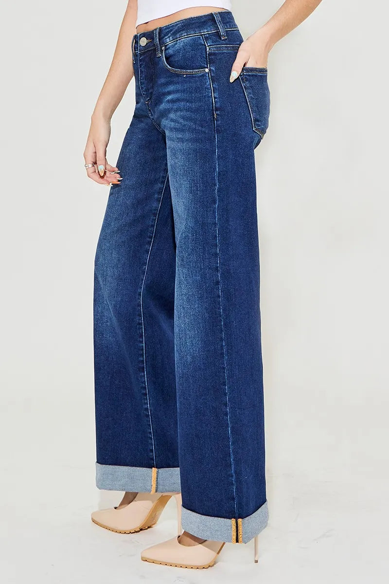 Full Size Tummy Control High Rise Wide Leg Cuffed Jeans Plus Size