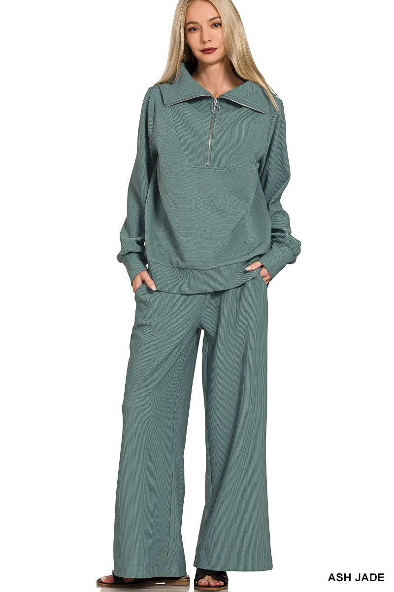 Ribbed High Neck Half Zip Pullover & Pants Set