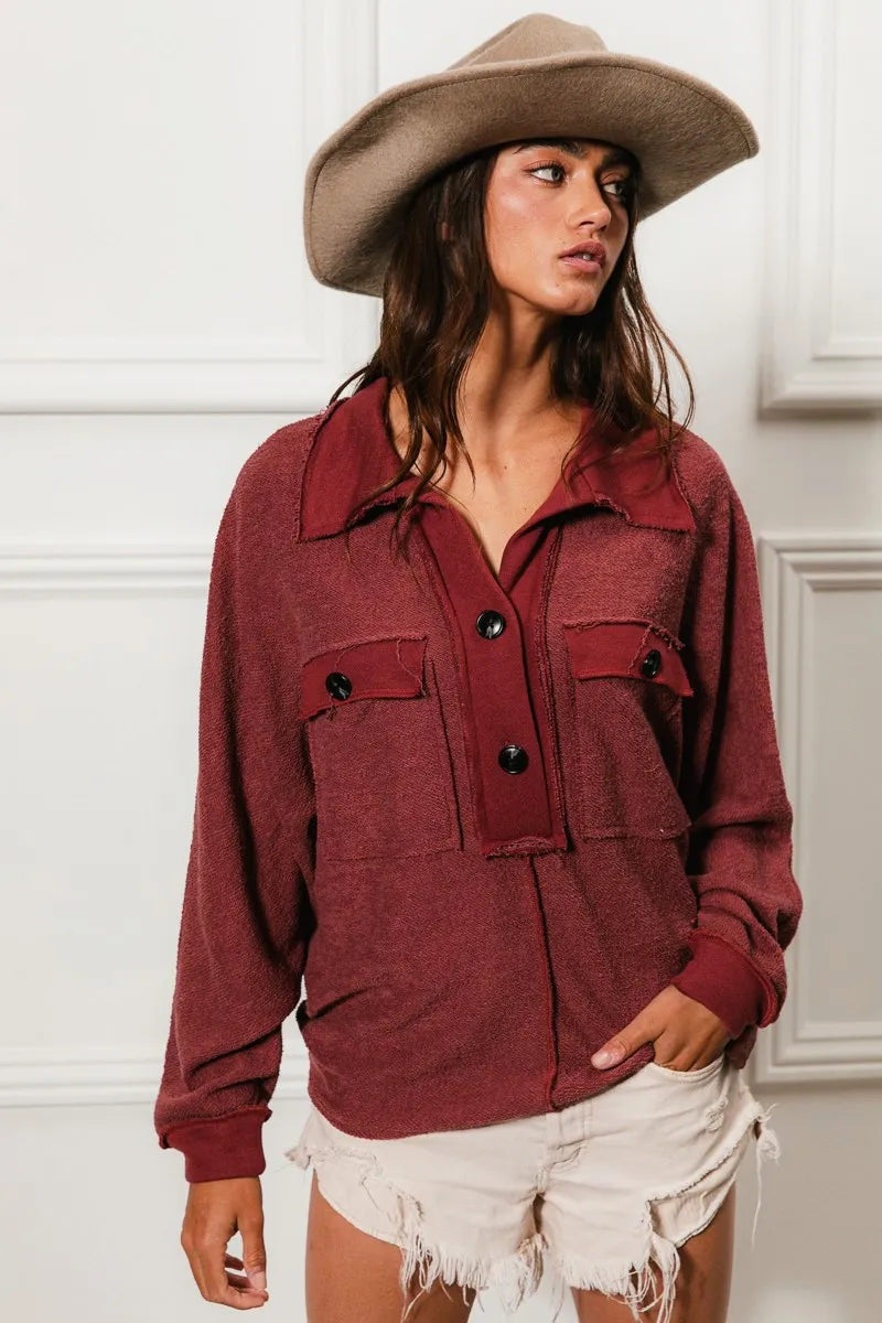 Cp French Terry Cut Edge Detail Collared Top