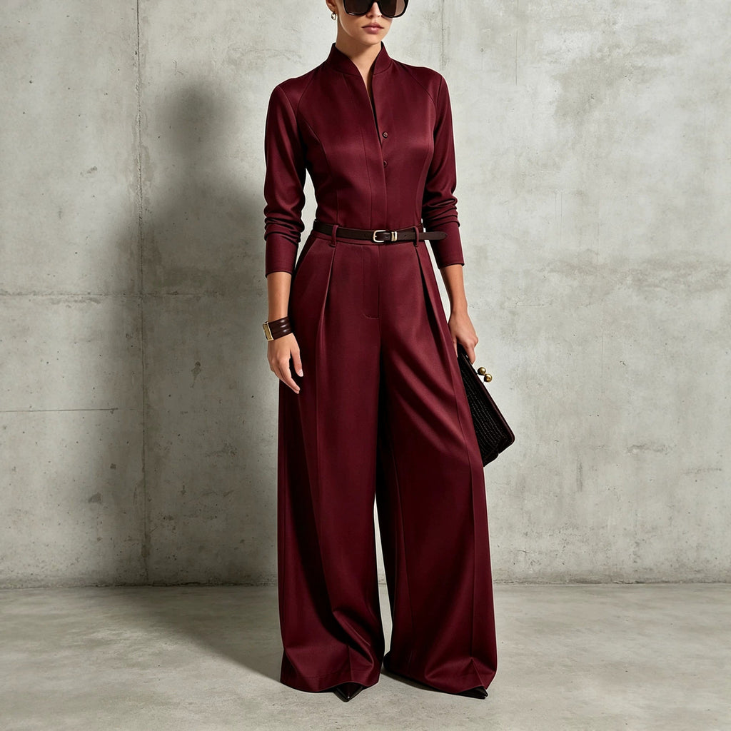Women's Stand-Collar Long-Sleeve Wide-Leg Jumpsuit
