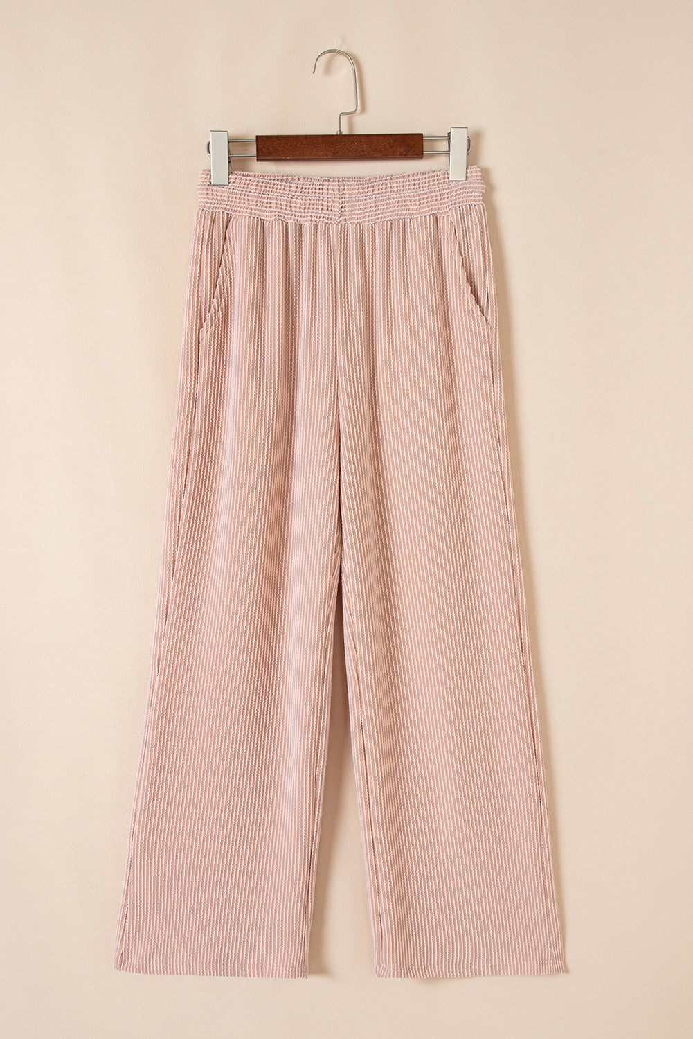 Blue Solid Corded Short Sleeve T Shirt and Wide Leg Pants Set