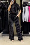 Vertical Striped Rhinestone Top Two-piece Set