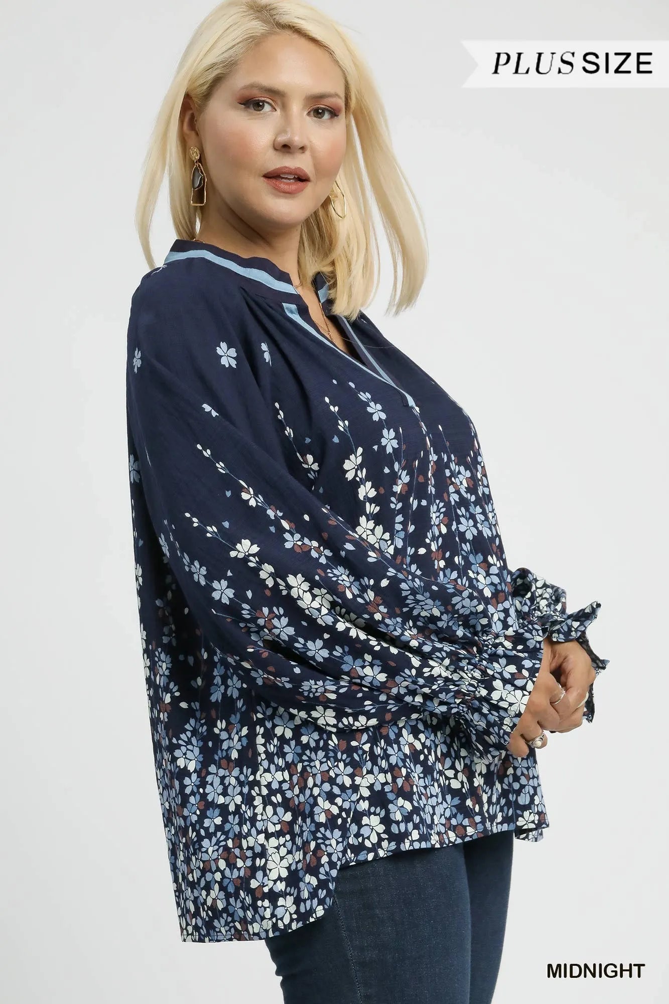 Full Size Floral Vine Print Blouse with Balloon Sleeves Plus Size