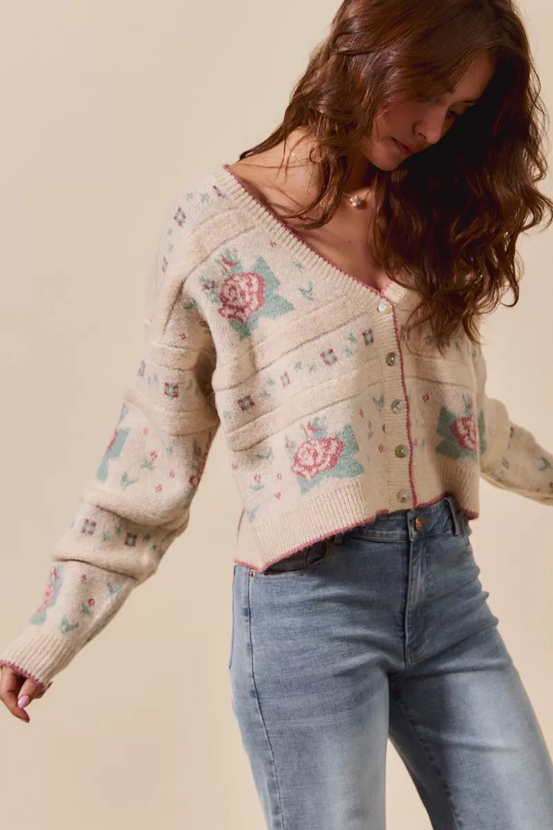 Floral Pattern Long Sleeve Button Sweater Cardigan