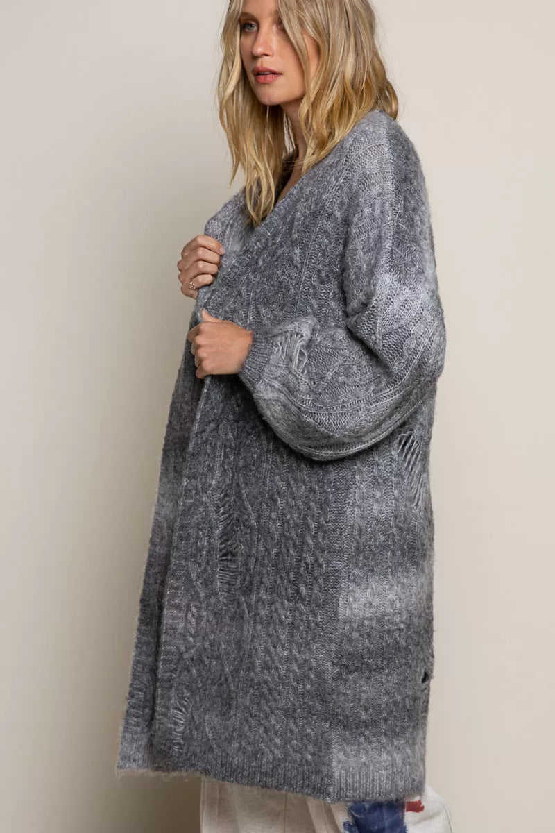 Distressed Cable-Knit Ombre Dying Cardigan
