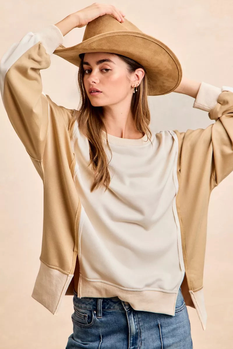 French Terry Color Block Top With Open Seam Detail