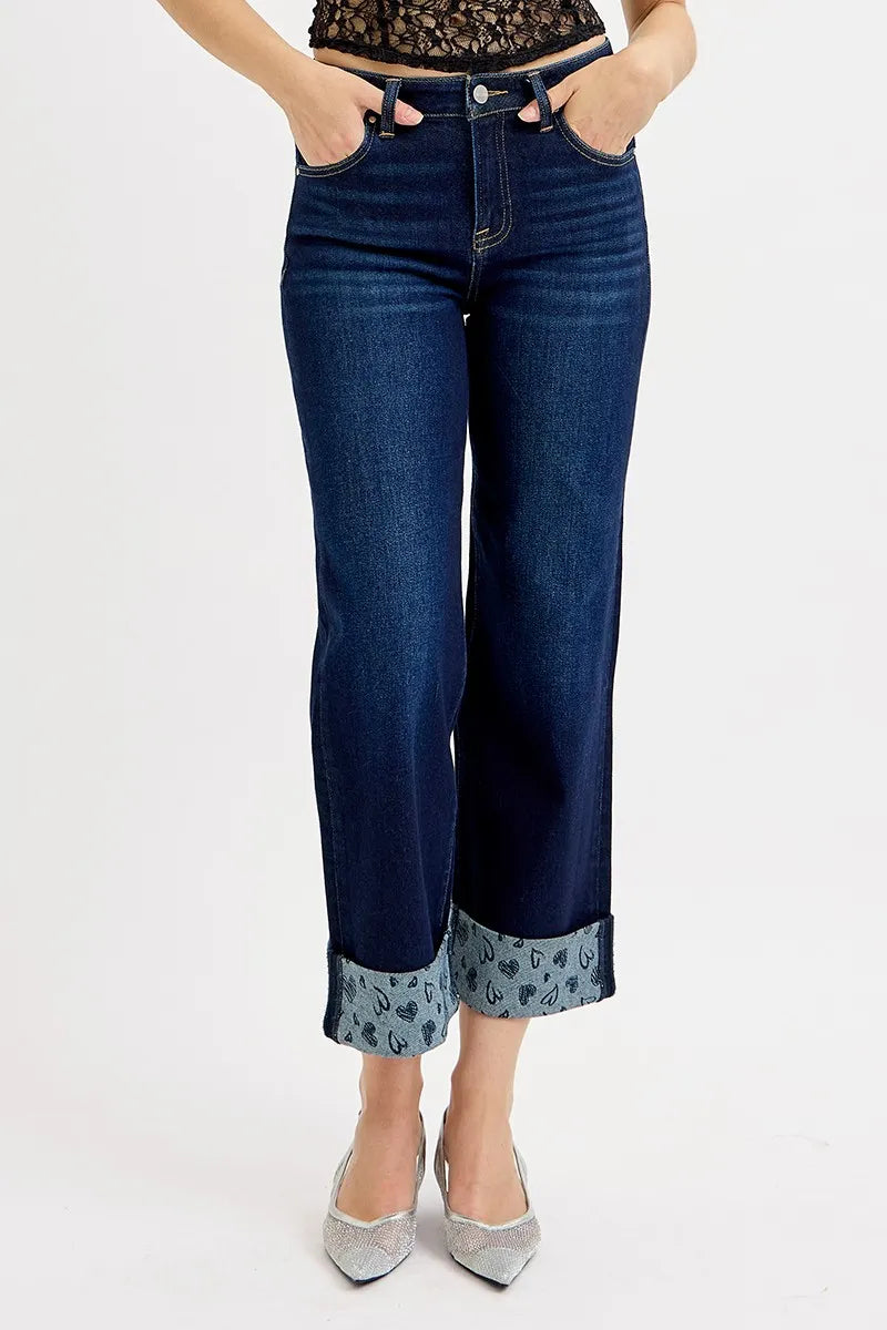 I am a Fashion Junky Full Size Mid Rise Fit Crop Wide With Printed Cuff Jeans Plus Size