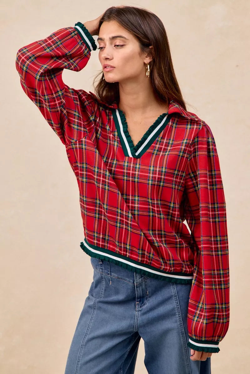Christmas Plaid Collared Top with Ruffled Detail