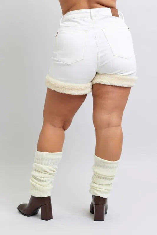 Full Size High Waist Shearling Cuff Denim Shorts Plus Size