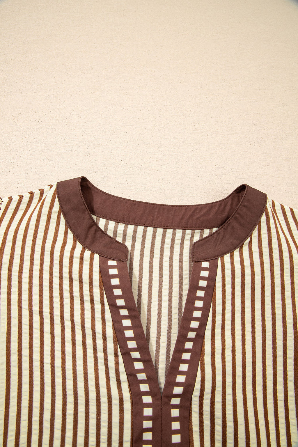 Brown Stripe Double Ruffled Short Sleeve Contrast Trim V Neck Midi Dress