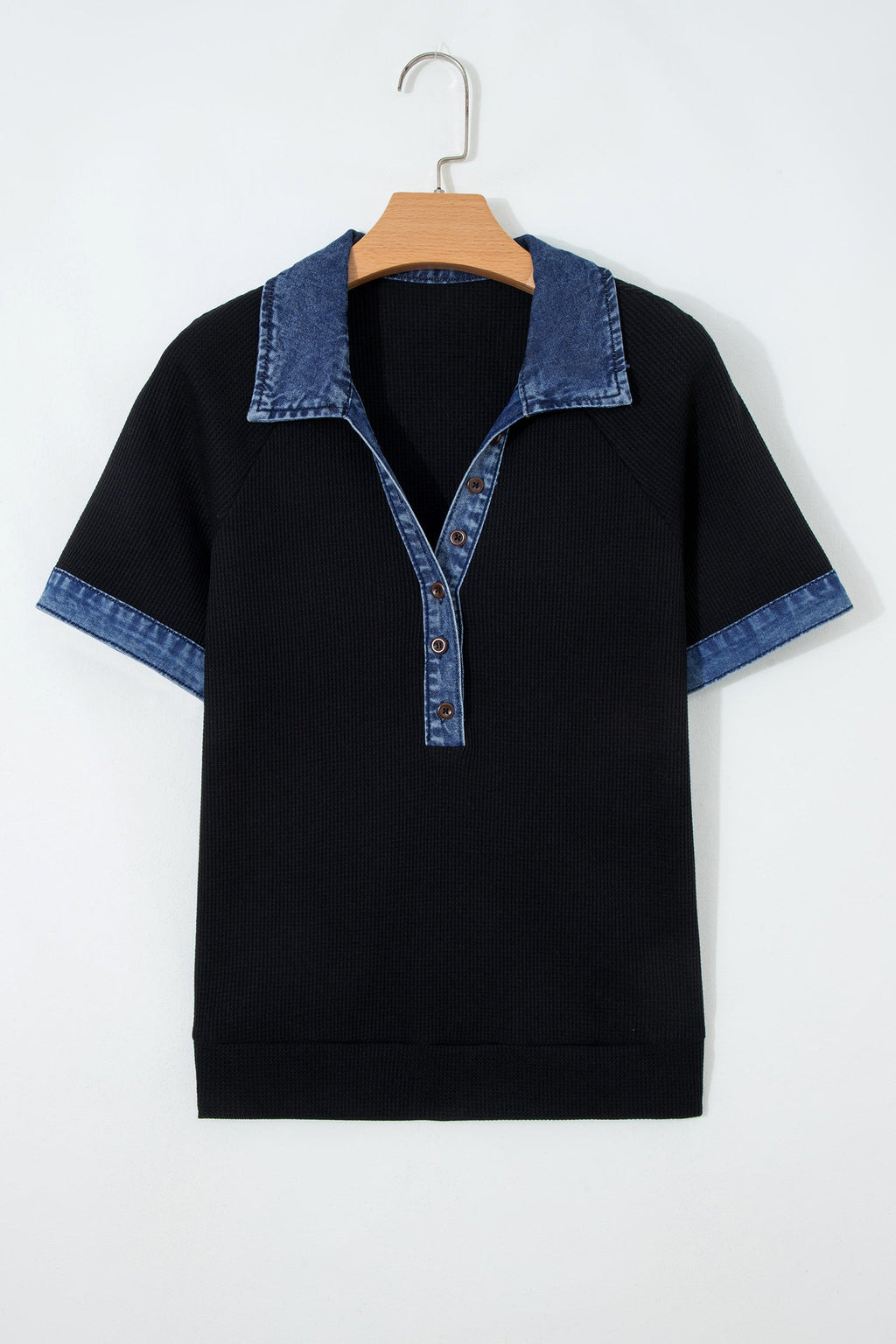 Black Waffle Knit Denim Contrast Trim Patchwork Button Collar Top