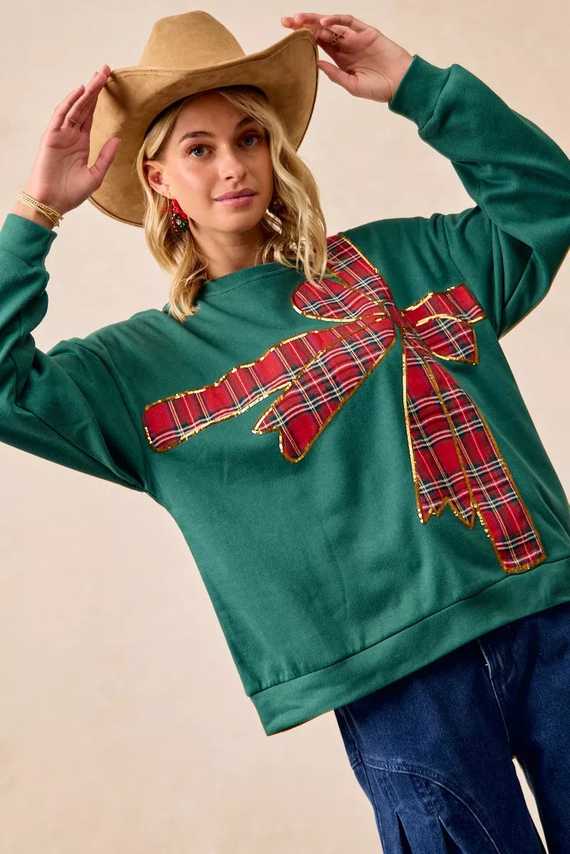 Plaid Ribbon Bow Detail Christmas Fleece Pullover