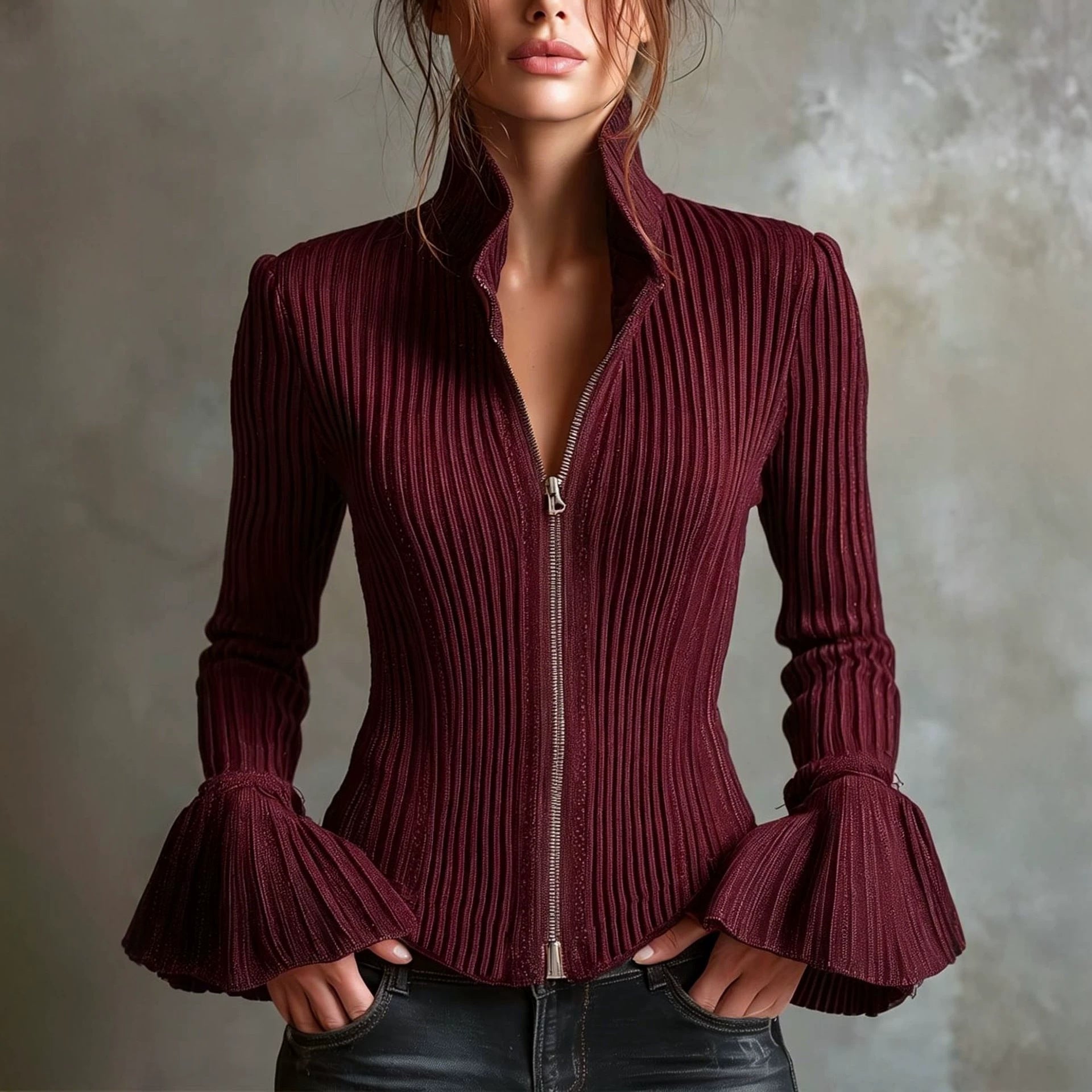 Women's Slim-Fit Rib-Knit Zip-Up Top with Flared Cuffs