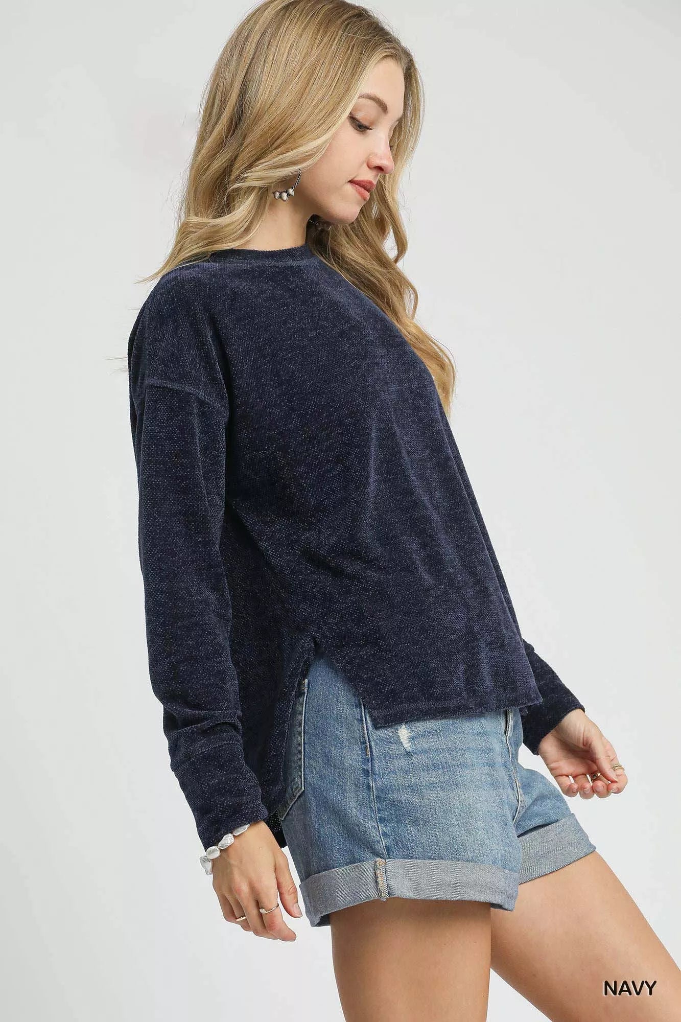 Round Neck Long Sleeve Side Slit Top