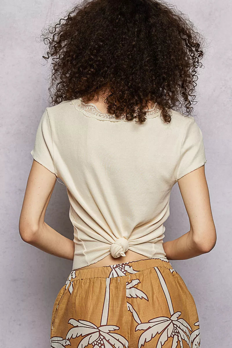 Round Neck Short Sleeve Crop T-Shirt with Lace Trim