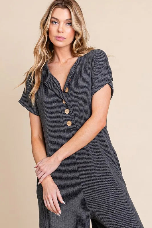 Rib Knit Jumpsuit with Button Detail
