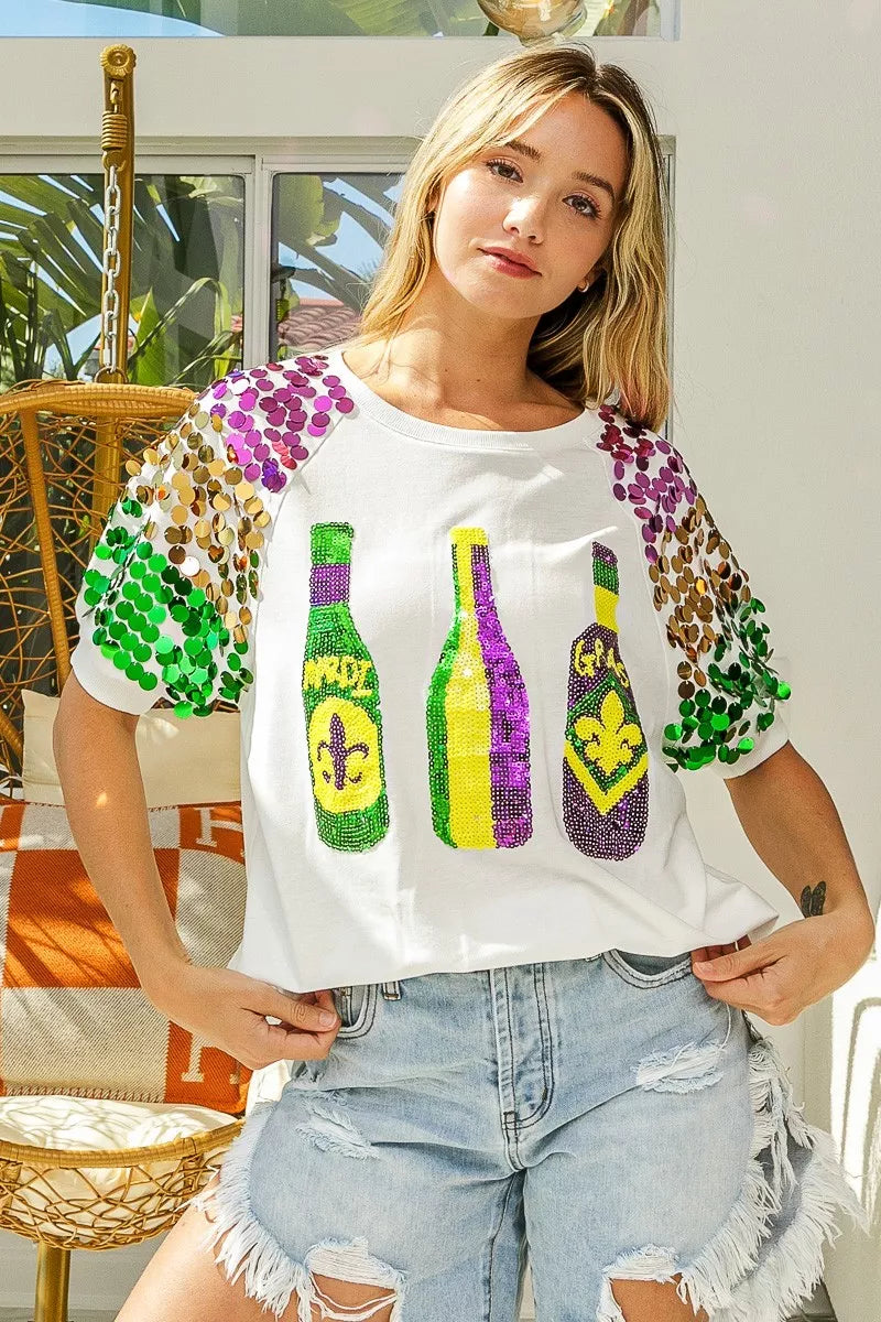 Sequin Mardi Gras Bottles Spangled Sleeve Top