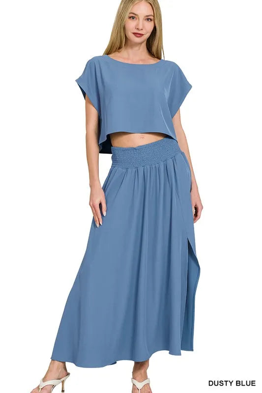 Woven Crinkle Gauze Crop Tee and Skirt Set