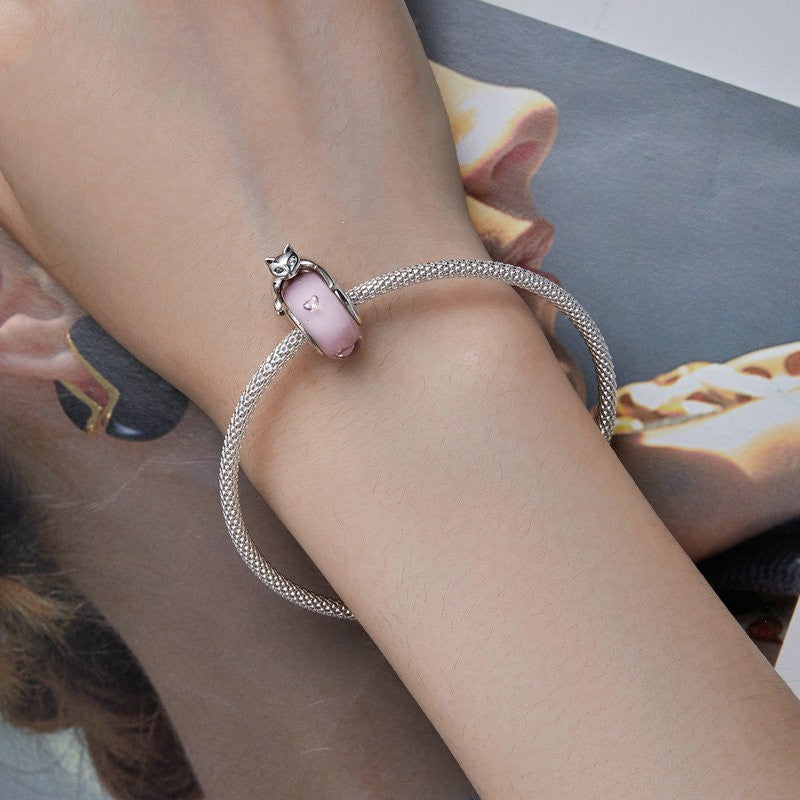 925 Sterling Silver Glass Cat Beaded Bracelet