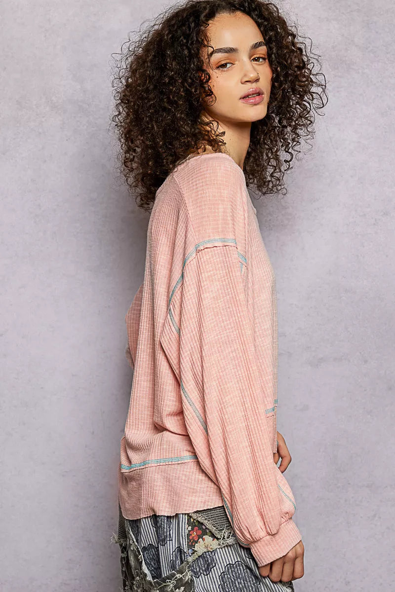 Round Neck Long Sleeve Exposed Seam Top with Chest Pocket