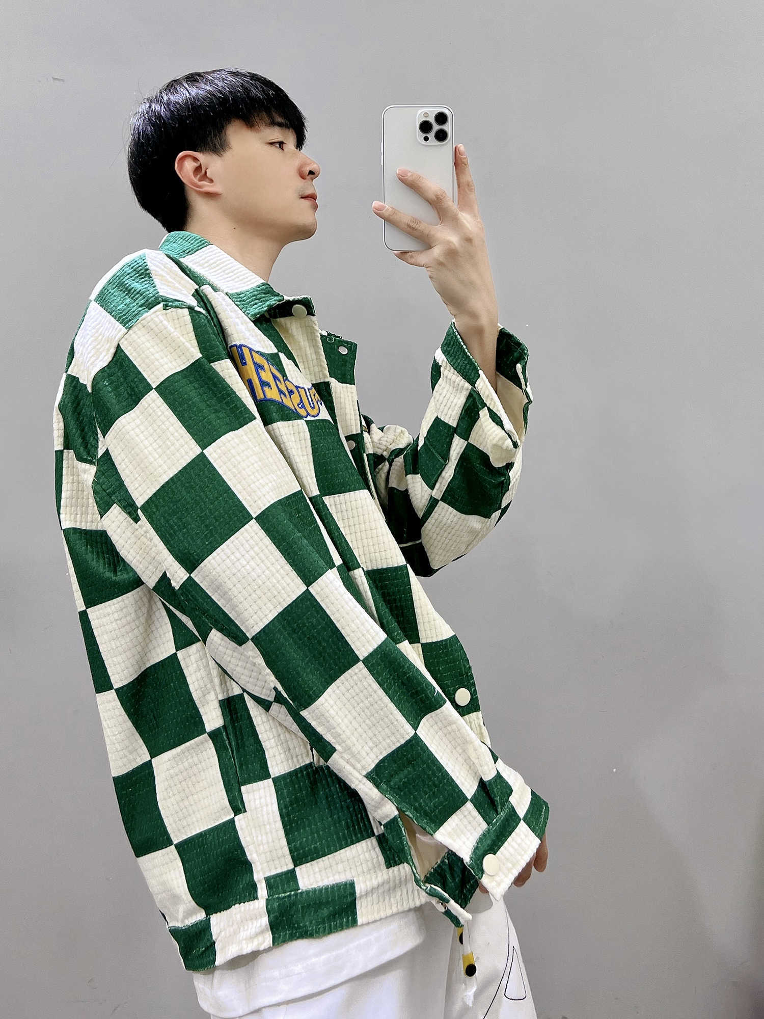 Retro Green Plaid Lapel Jacket - Loose Fit Printed Polyester Casual Coat