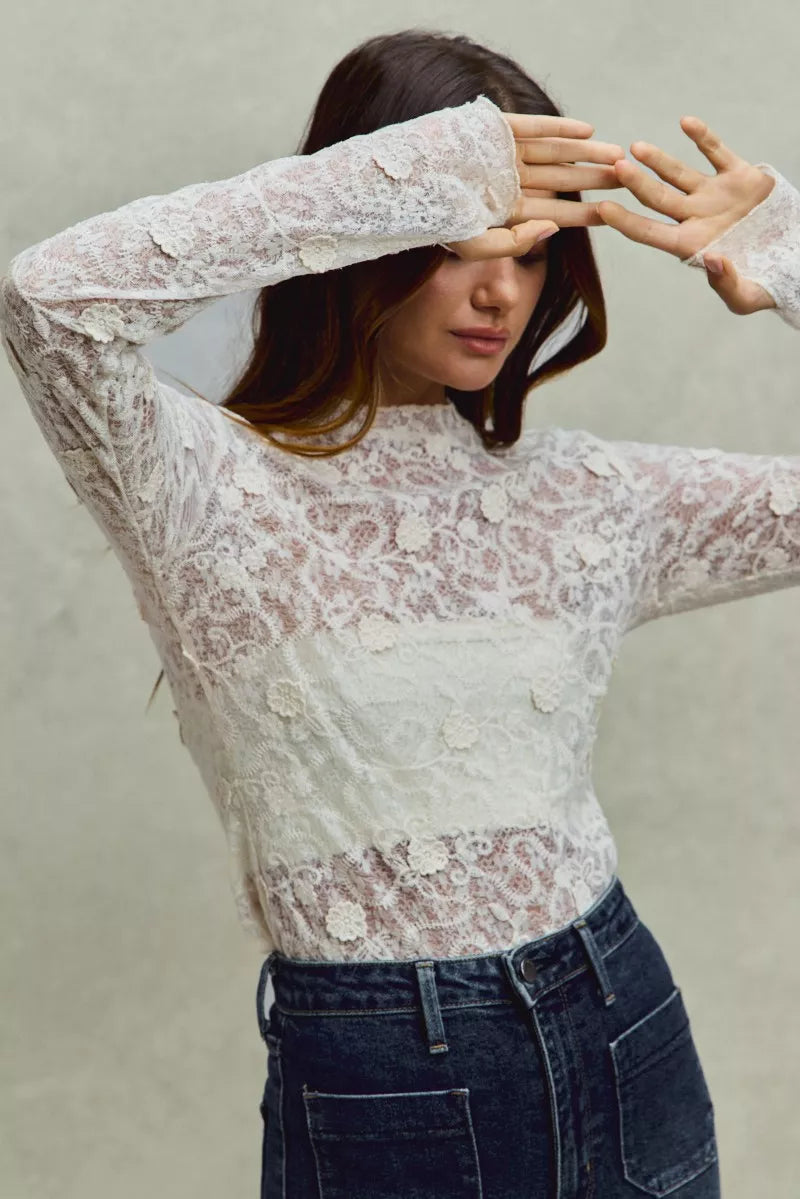 Lace Long Sleeve 3d Effect Floral Layering Top