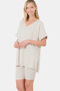 Full Size V-Neck Short Sleeve Slit T-Shirt and Shorts Set