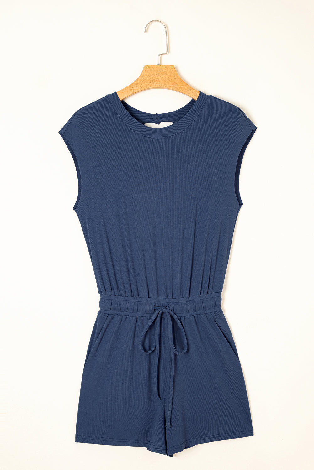 Knit Open Back Cap Sleeve Drawstring Elastic Waistband Romper