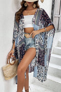 Blue Retro Floral Print Long Loose Open Front Kimono