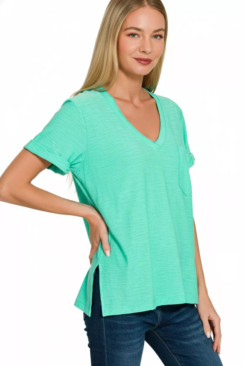 Slub Rolled Short Sleeve V-Neck Tee