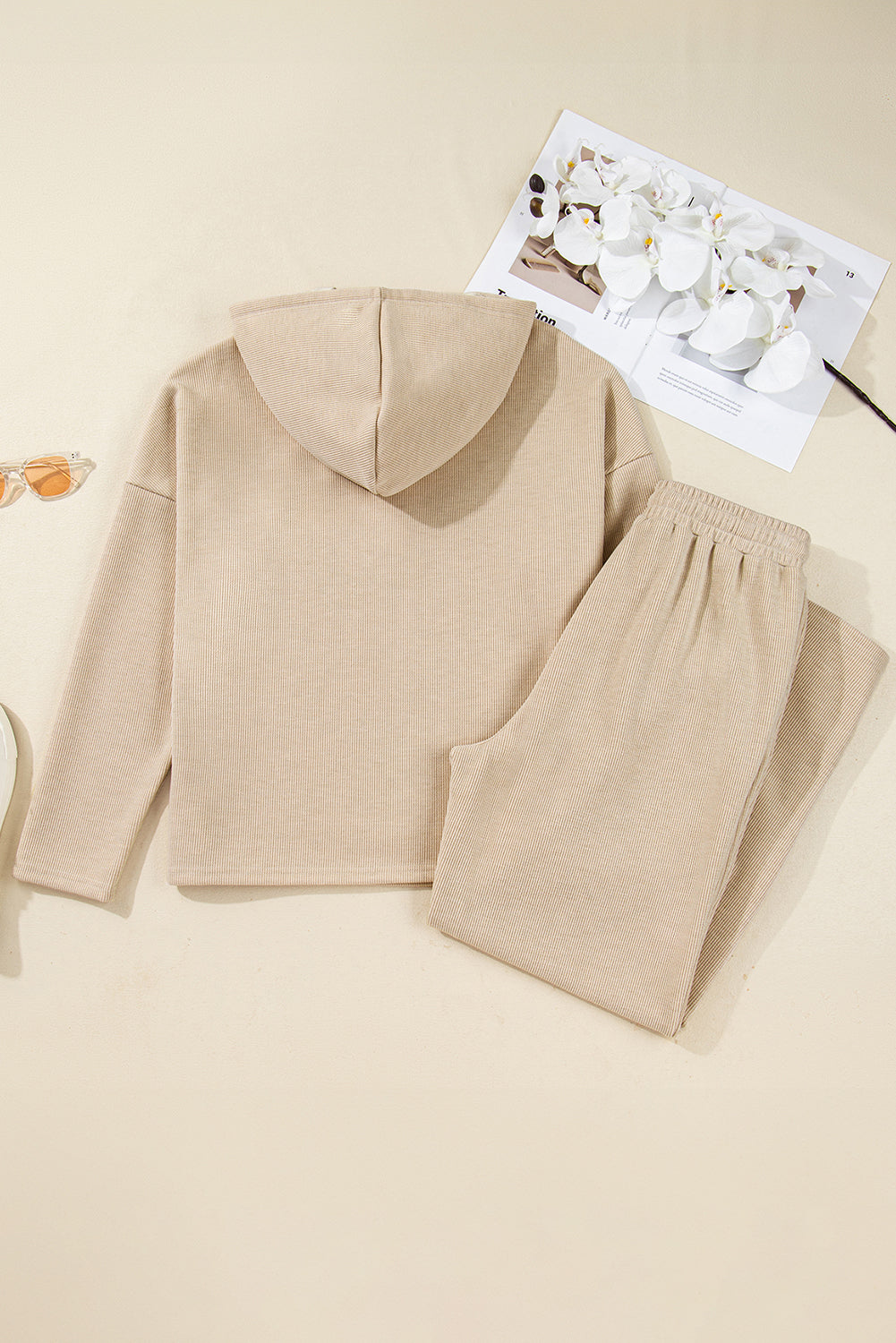 Jet Stream Lace Drawstring Pullover Hoodie and High Waist Pants Corduroy Suit