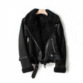 Women's Winter Suede Motorcycle Jacket - Lamb Wool Lined Lapel Coat in Black & Khaki