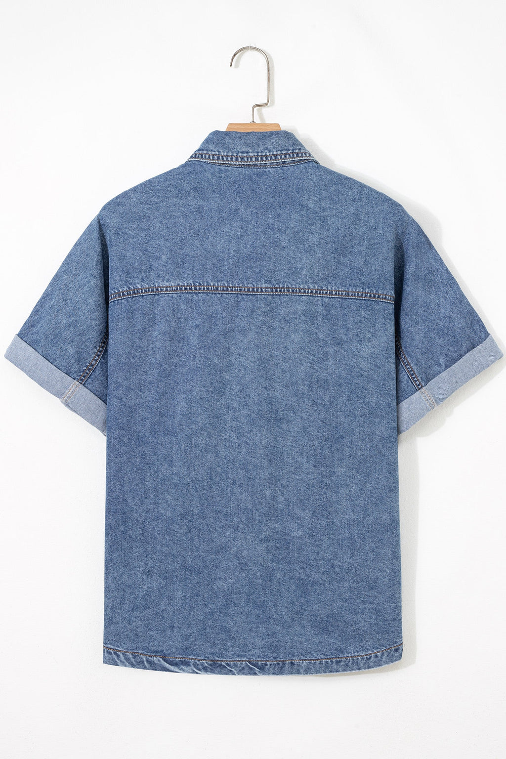 Button Flap Pocket Cuffed Short Sleeve Denim Shirt