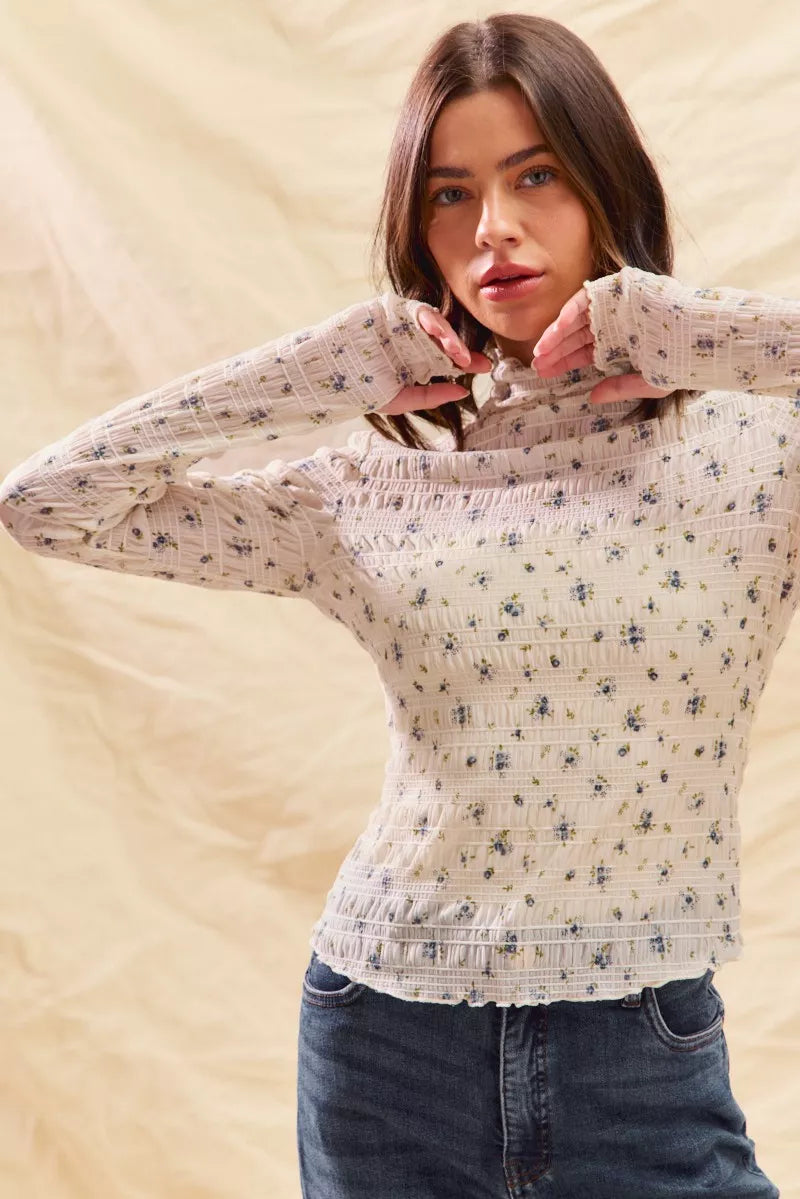 Floral Print Textured Long Sleeve Knit Top