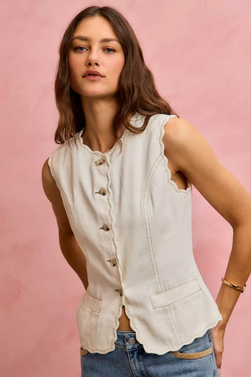 Scalloped Edge Cotton Twill Washed Vest Top