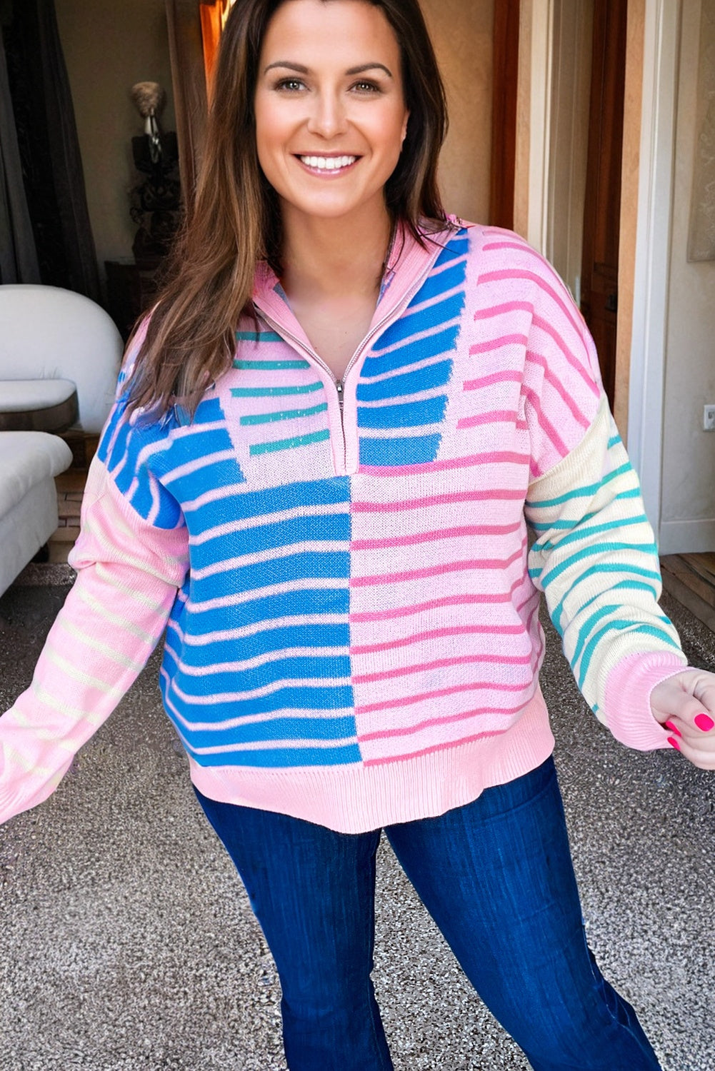 Sky Blue Stripe Colorblock Patchwork Plus Size Half Zip Sweater
