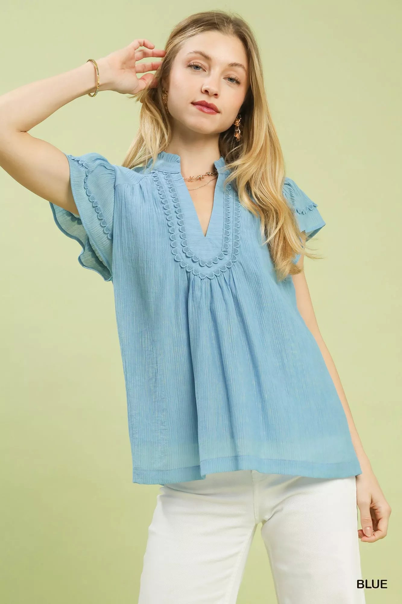 Scalloped Trim Flutter Sleeve Top
