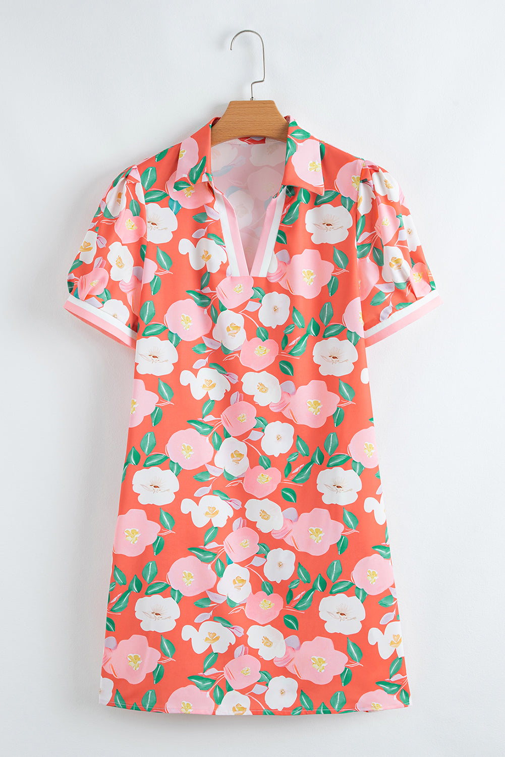 Fresh Salmon Floral Print Contrast Striped Trim Collar T Shirt Dress