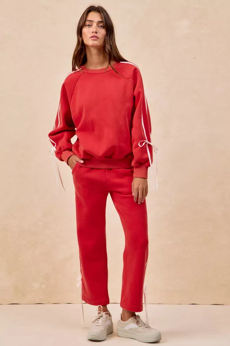 Side Lined Bow Details Fleece Sweatshirt