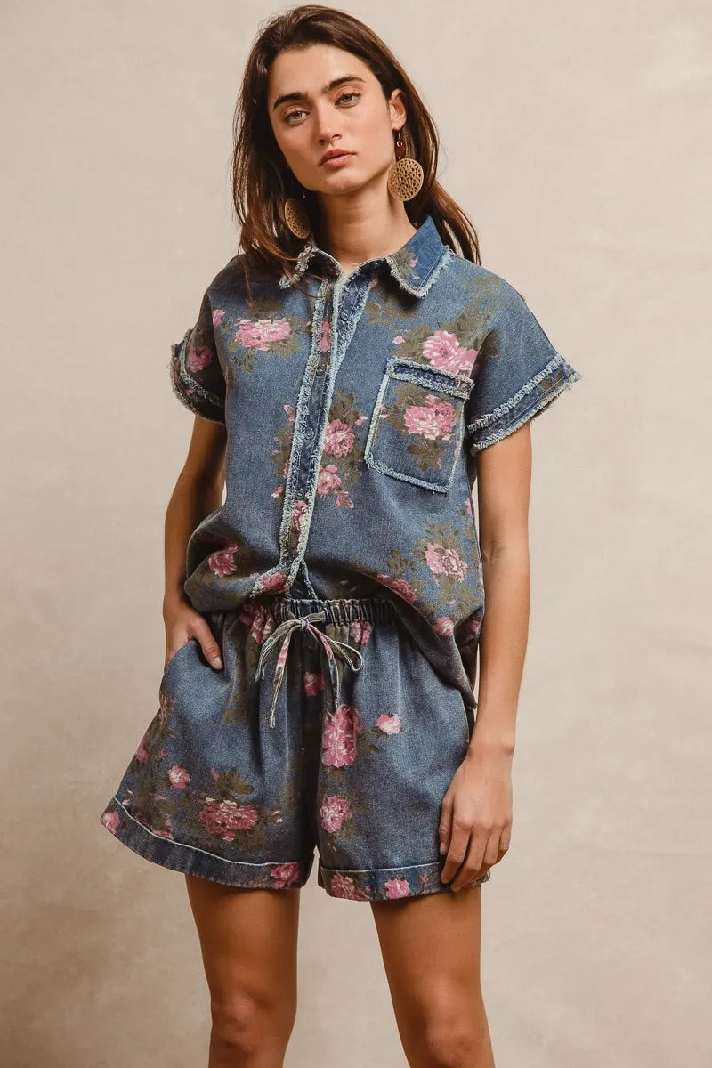 Floral Printed Denim Short Pants With Pocket