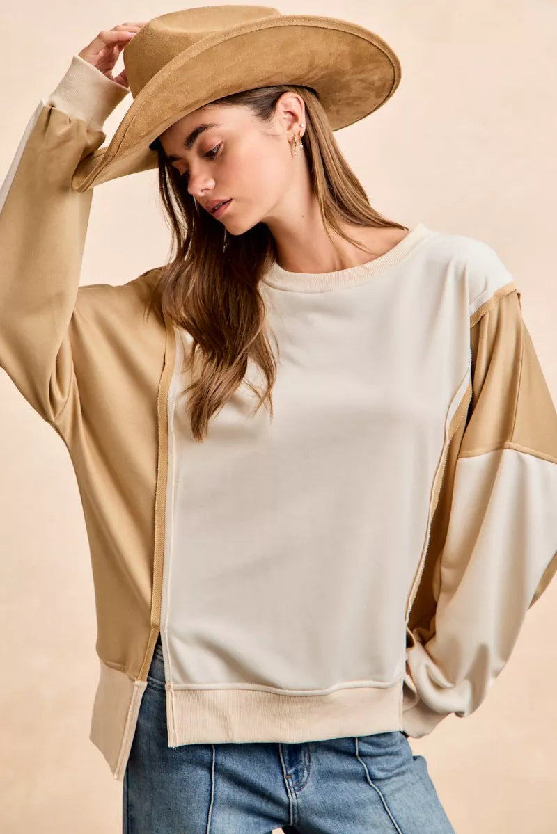 French Terry Color Block Top With Open Seam Detail