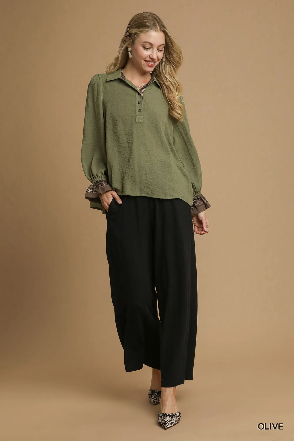 Half Button Blouse with Leopard Print Trim