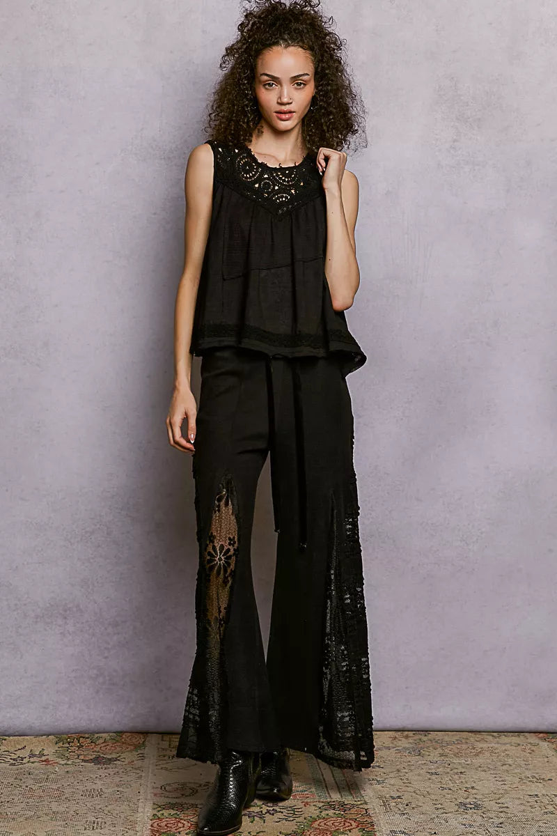 Round Neck Sleeveless Top with Crochet Contrast