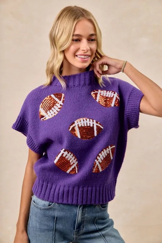 Gameday Sequin Football Patches Rib Banded Sweater