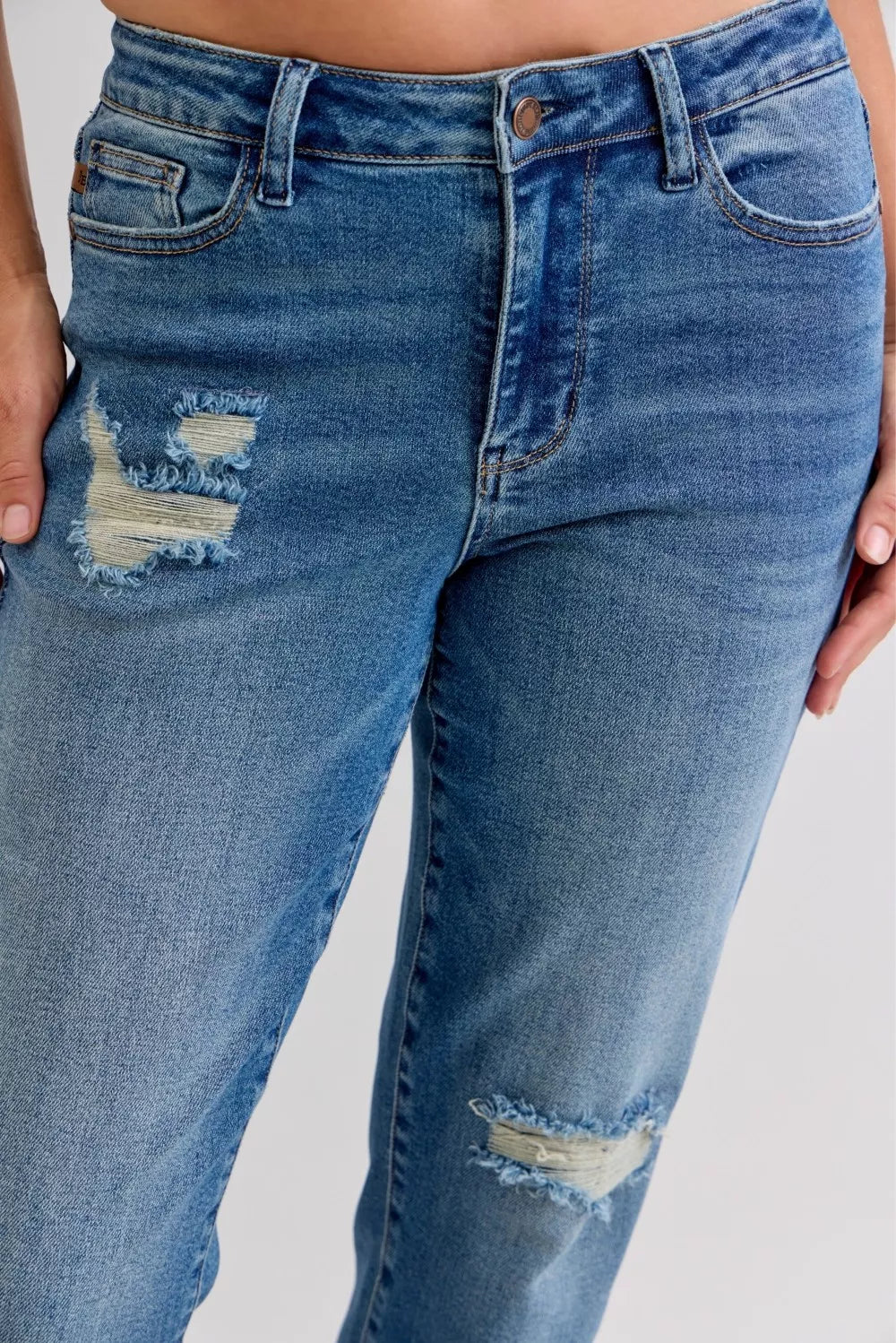 Full Size Mid Rise Bf Patch & Repair Destroy Release Hem Jeans Plus Size