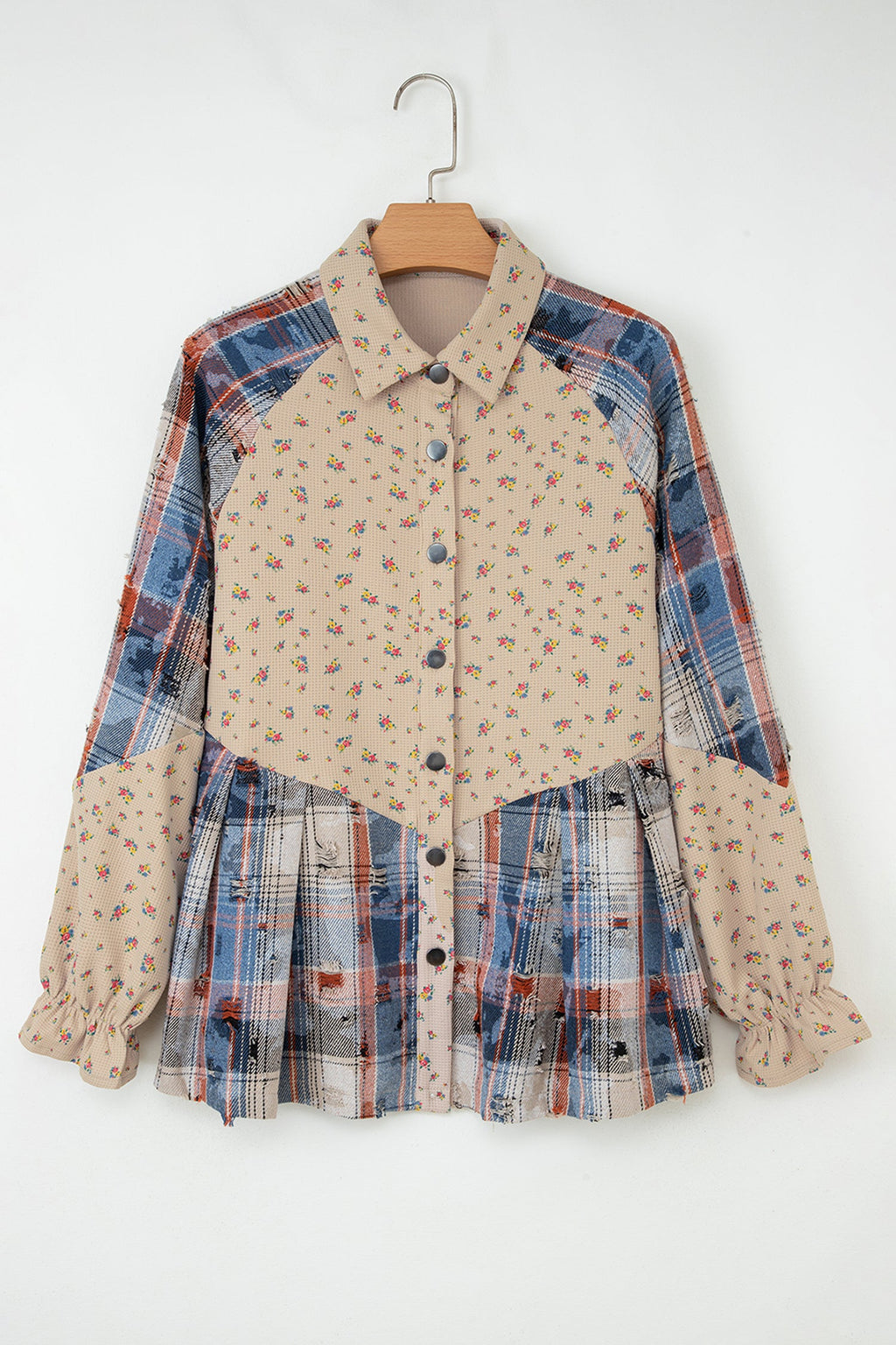 Boho Floral Plaid Patchwork Distressed Detail Ruffled Sleeve Waffle Knit Shacket