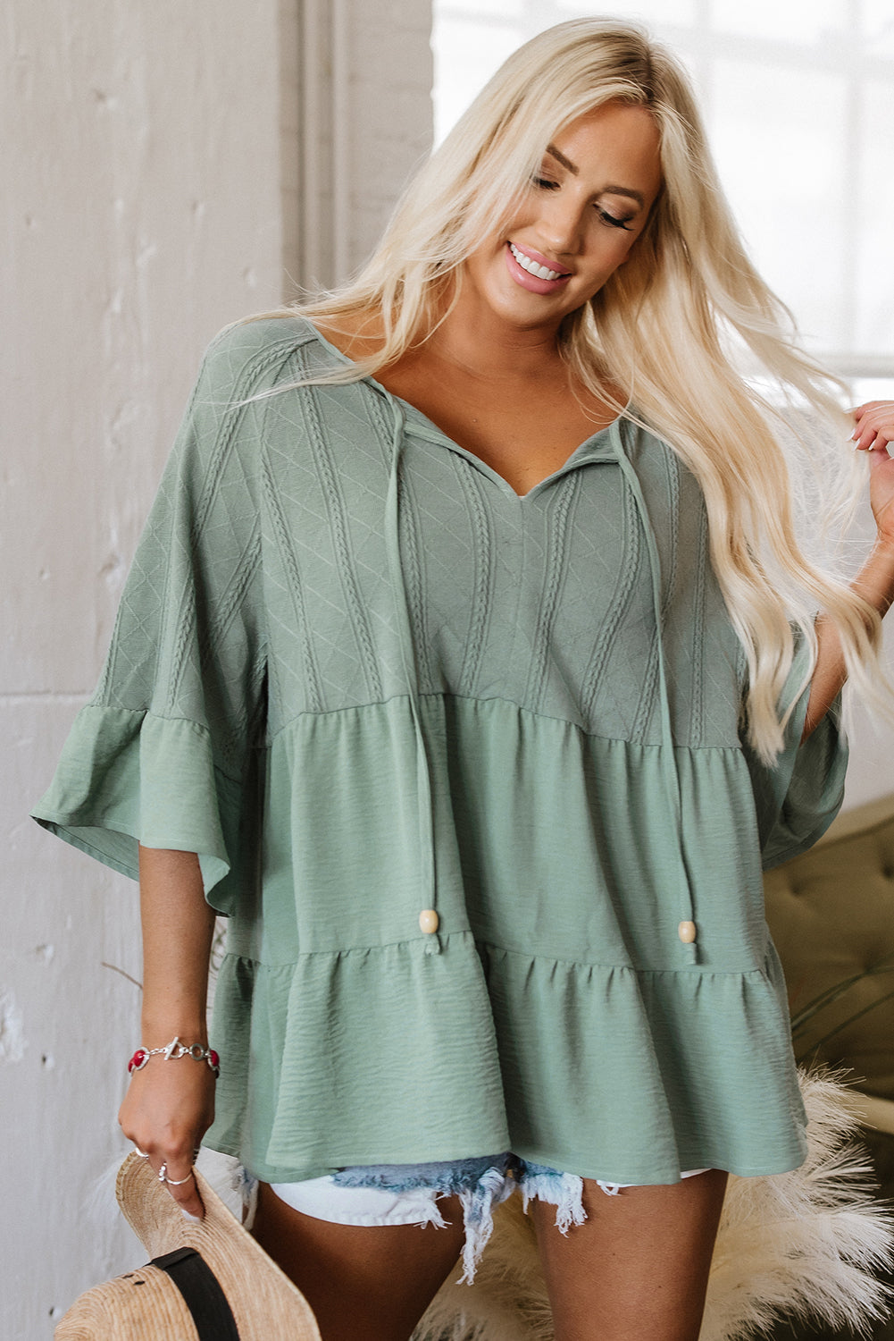 Laurel Green Tie Split Neck Textured Ruffle Patchwork Blouse